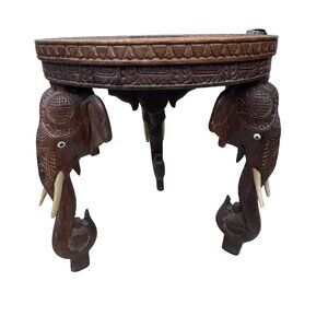 Vtg Anglo Raj Indian Hand Carved Rosewood Side Table w/ Elephant Head Trunk legs